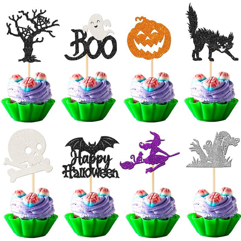 

16/48Pcs Halloween Cupcake Topper Glitter Witch Pumpkin Bat Cupcake Picks Kids Halloween Birthday Party Cake Decoration Supplies 16pcs