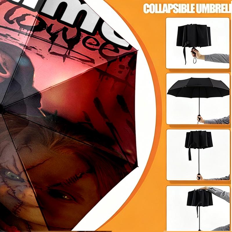 Custom Name Personalized Bride of Chucky Print Umbrella, Auto Open Close, 8‑Rib Sturdy Frame, Commute Camping Hiking Use, Birthday Gift