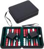 Pochette de jeu Backgammon de voyage 9" Similicuir rouge - fermeture Zip - Interieur feutré: vert/rouge/blanc - 250502