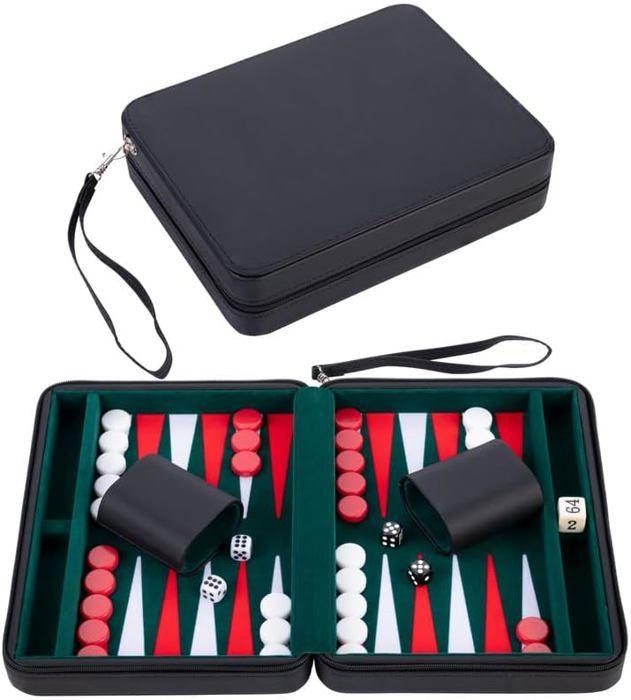 Pochette de jeu Backgammon de voyage 9" Similicuir rouge - fermeture Zip - Interieur feutré: vert/rouge/blanc - 250502