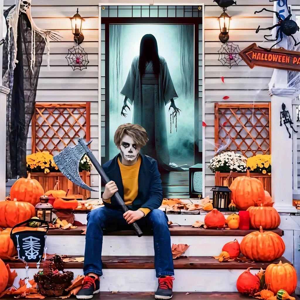 1pc 2D Door Flag Halloween Welcome Door Flag - Evil Spirit White Dress Doll with Luminous Eyes