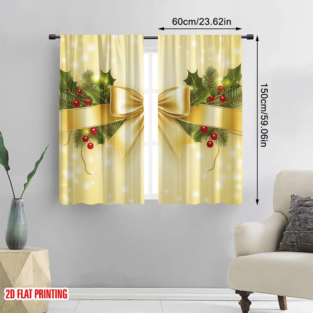 2pcs,2D Plane Printing Popular Curtains Christmas Bow Holly Berries Ornaments (2) Polyester Fabric (without Rod) Room Decor