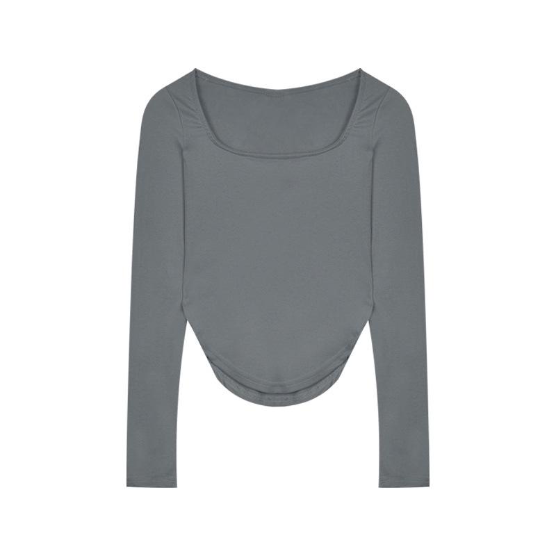 

2024 Осень U-образный вырез однотонный нерегулярный тонкий топ с длинными рукавами для женщин M серый