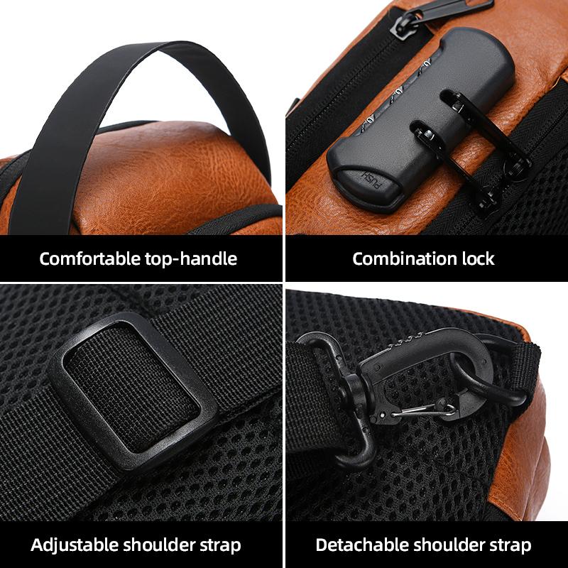 Men's Chest Bag Anti-theft USB Business Messenger Bag Multifunctional Water Repellent Shoulder Bag PU Commuter Backpack Men