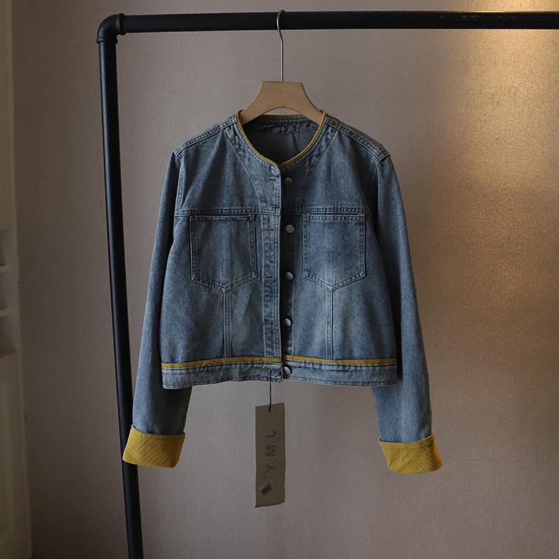 

Весна 2025 Корейская Ретро Джинсовая Куртка Пэчворк Колорблок Круглый Вырез One Size светло-синий