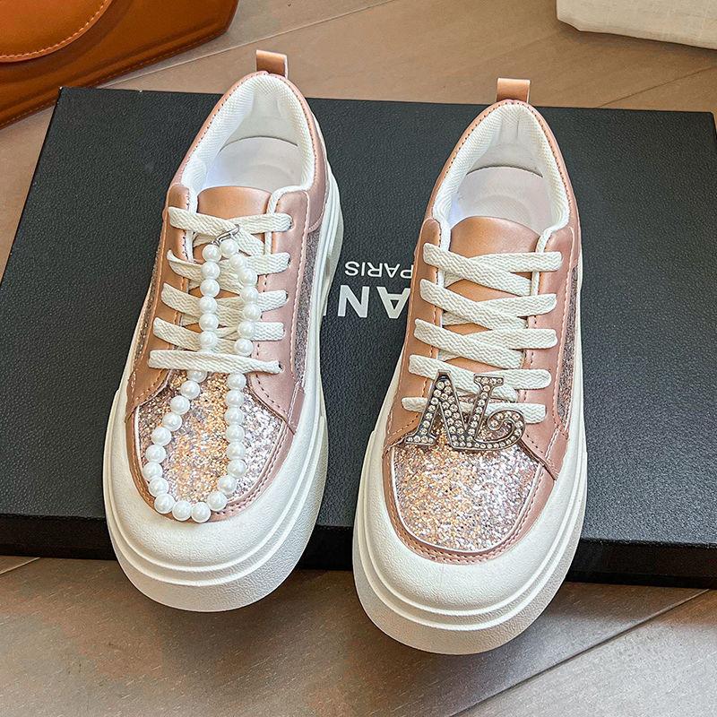 2025 Premium French Sequined Silver Board Shoes Girl Fashion Versatile Beaded Chain Lace-up Platform Casual Shoes