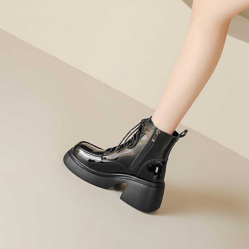 Sweet and cool girls Martin boots women's 2025 autumn and winter British lace-up short boots 7cm heightened thick-soled high-heeled patent leather bo