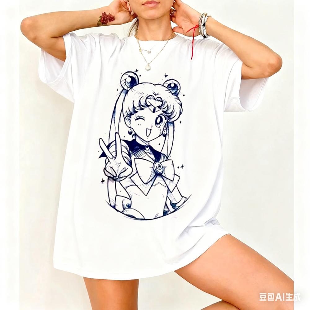 2026 Summer Sailor Moon Retro Cosplay Tshirt Unisexs Oversize Casual Cotton Printed Shortsleeved Unisex Childrens Sports Shirt