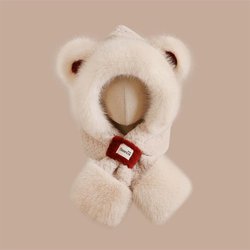 

Милая плюшевая шапка-шарф-перчатки с цветными блоками для женщин, утолщенная с добавлением бархата, для защиты ушей от холода при езде на велосипеде и тепла, шапка-ушанка