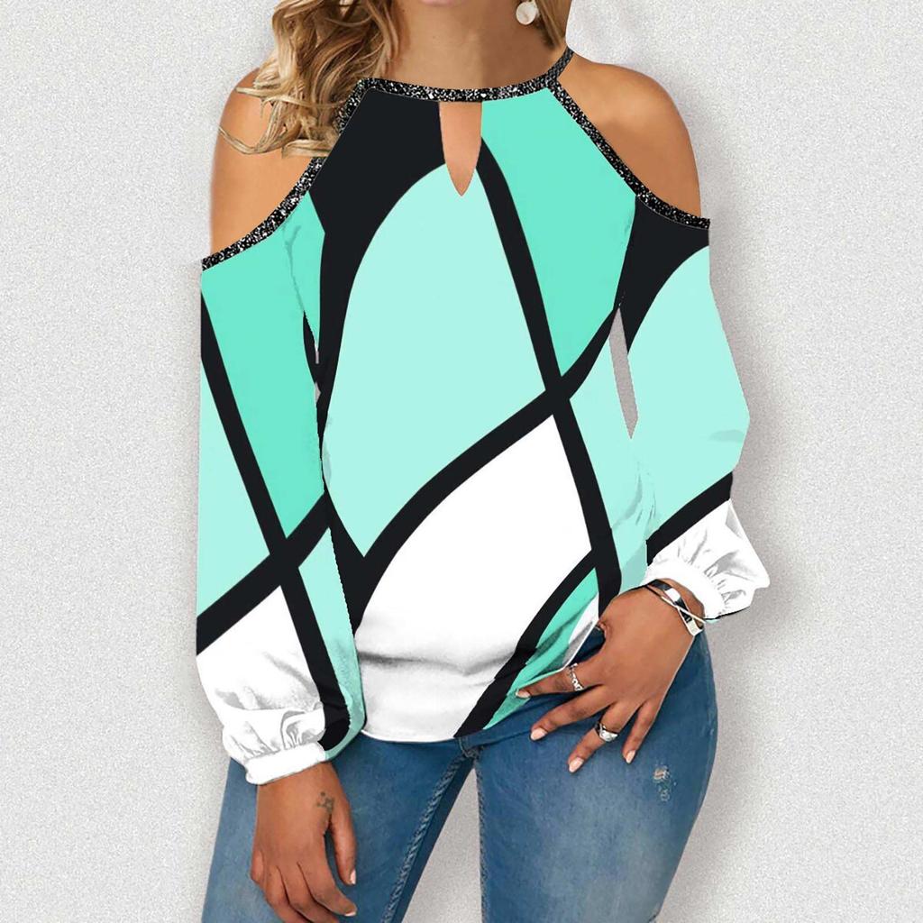 Women's Fashion Casual Temperament Round Neck Off-shoulder Irregular Color Long Sleeve T-shirt Top