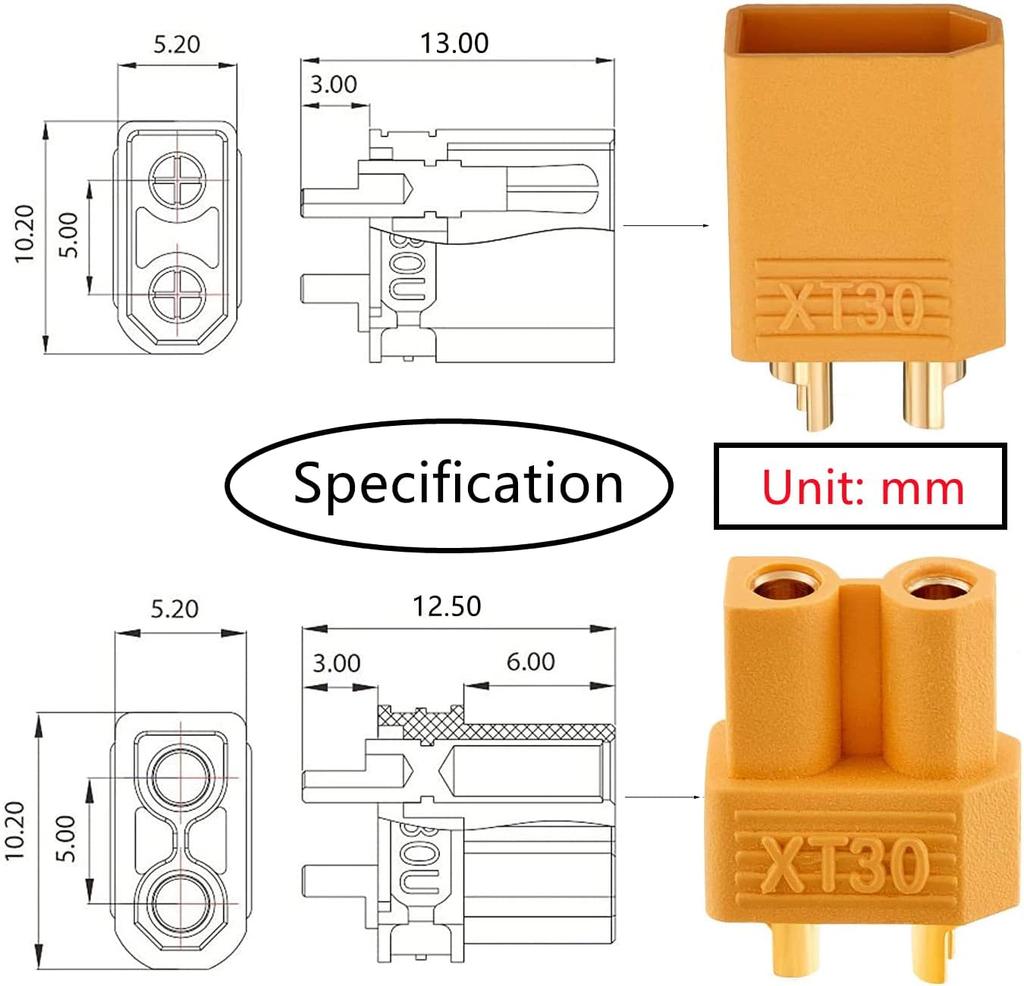 Conectores XT30 Macho-Hembra de Alta Calidad – 10 Pares | Ideales para Baterías LiPo RC, Helicópteros RC, Estéreos de Coche | Plástico Amarillo