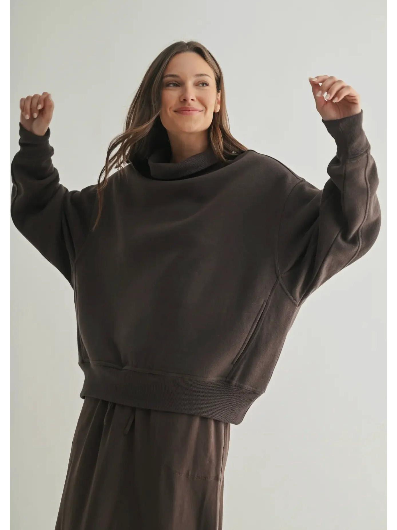Women s High Neck Long Sleeve Fleece Pullover Hoodie Sweatshirt L кофейный