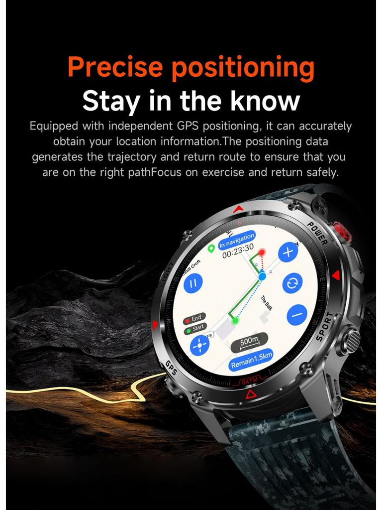 שעון חכם GPS צבאי חדש לגברים שיחת בלוטות' עמיד למים 30 מ' חיצוני פנס LED מצפן ספורט שעון חכם 2025