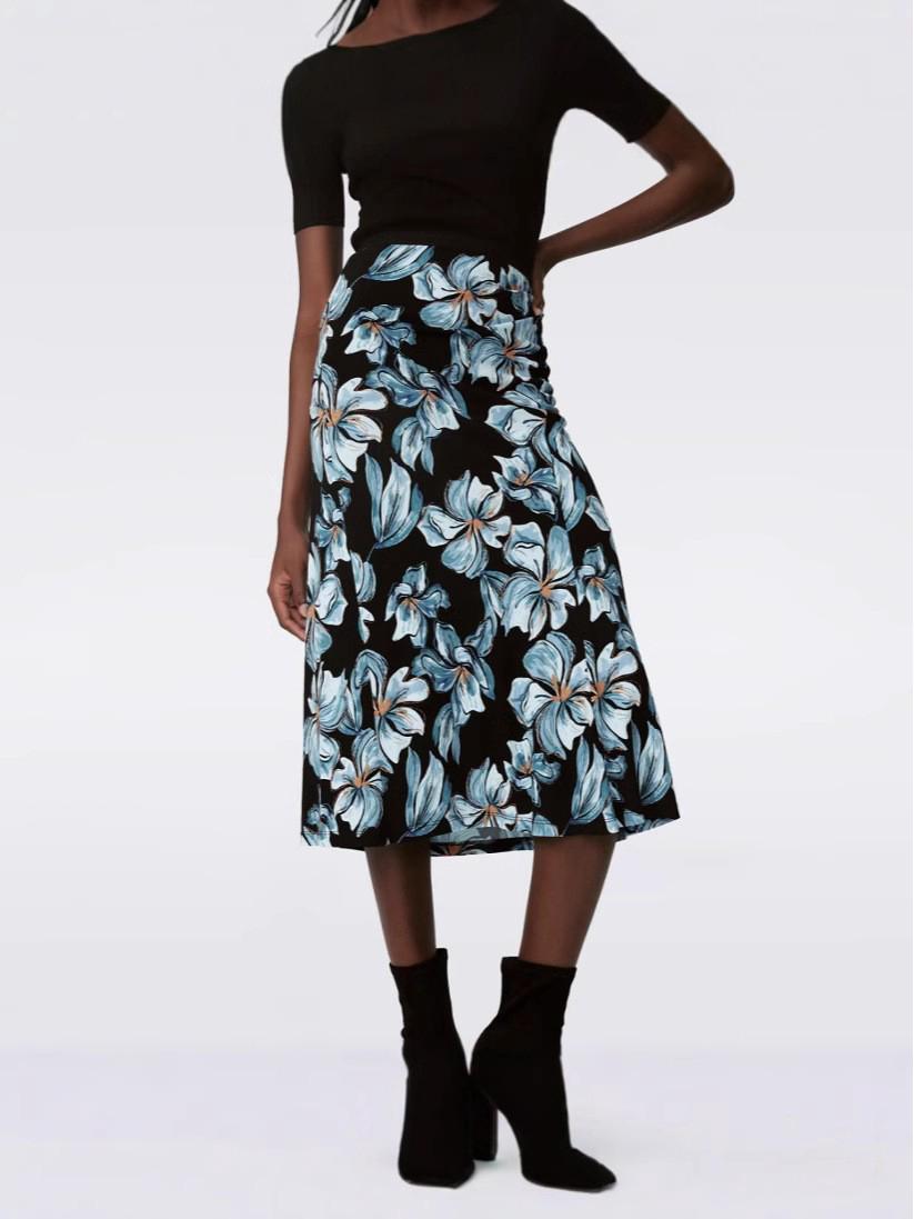 

Сине-черная цветочная эластичная юбка-миди - Женская модная юбка в французском стиле M (50-55 kg)