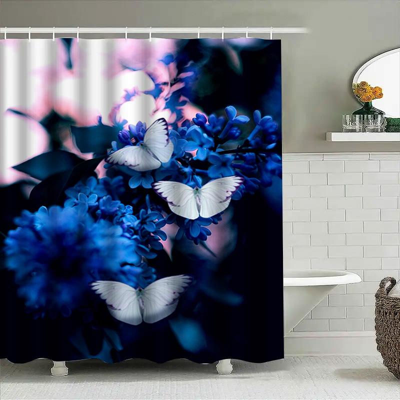 3D Floral Butterfly Waterproof Bath Shower Curtain Decorative Hanging Fabric Water Repellent Home Bathroom Rug