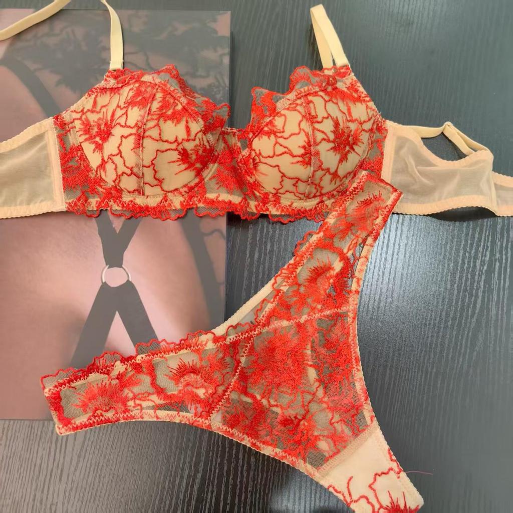Europäischer & Amerikanischer Sexy Spitzen-Übergrößen-Französischer Jacquard-Stickerei-Dessous-Set - Große Brust Minimierend & Anti-Erschlaffung