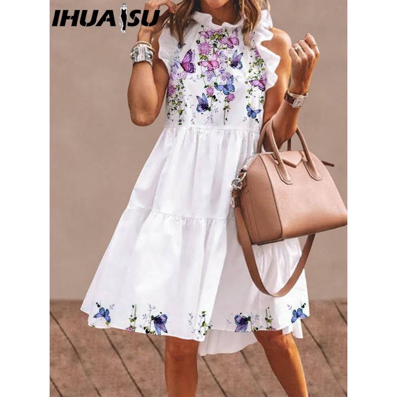 

IHUASU Женское платье с цветочным принтом, свободное уличное платье длиной до колена без рукавов с оборками, вечернее платье S-3XL XXXXL