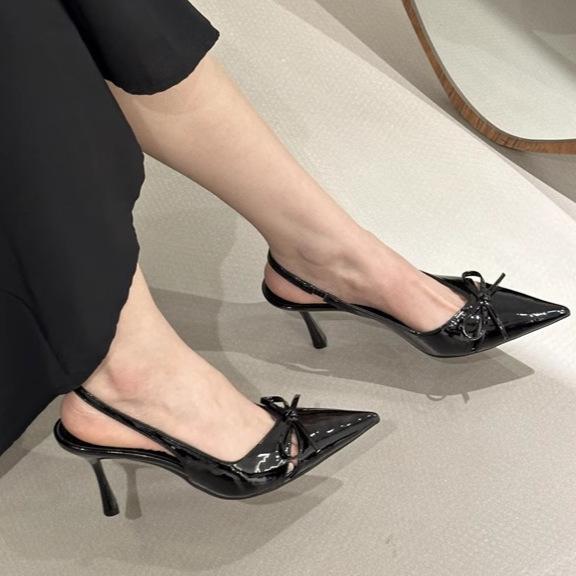 One Word with Stiletto Nude Pointed Bow Fashion Light Mouth High Heels Women's 2025 Spring Empty High Heel Sandals
