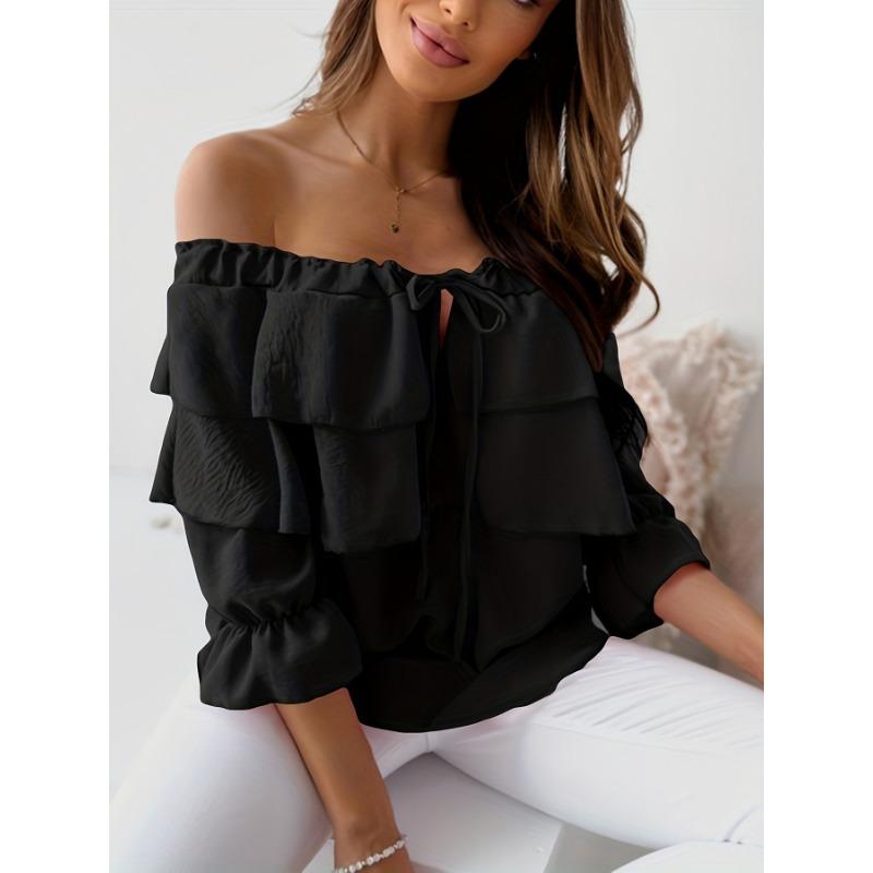 

YYFS Women s Fashion Casual Summer Spring Solid Color Print 1/2 Sleeves One Shoulder Blouses & Shirts L чёрный