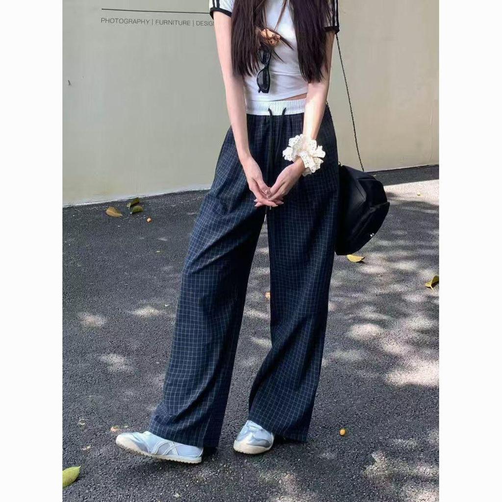 Women's Spring-Summer High-Waist Plaid Wide-Leg Pants - Korean Style Casual Sports