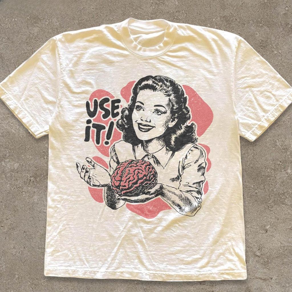 Use Your Brain Aesthetic Tshirt Retro 50s Summer Mens Tracksuit Harajuku Pullovers Shortsleeved Tops CottonCasual Sportswear