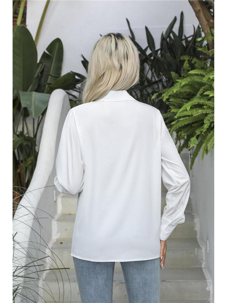 Women's Solid Color Stand Collar Loose Long Sleeve Button-Up Shirt