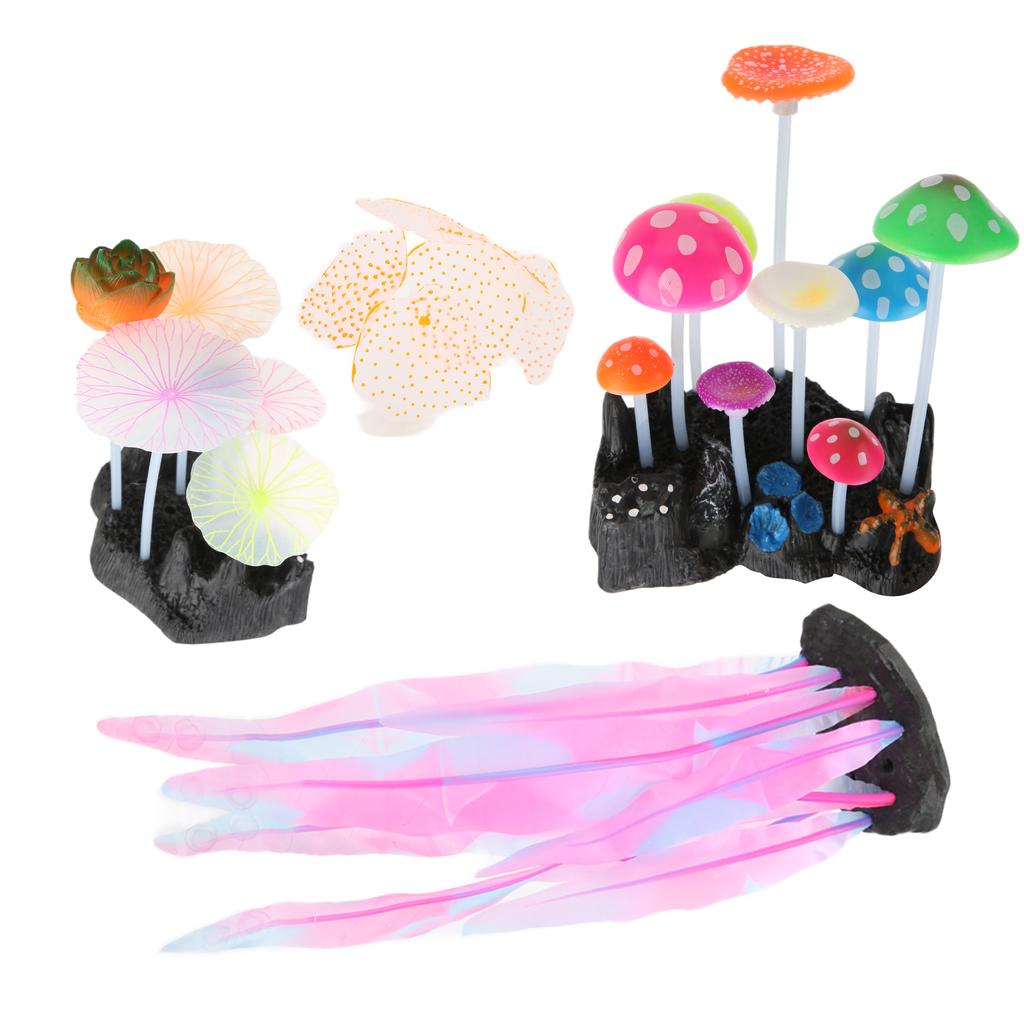 4 Pack Simulation Mushrooms Aquarium Decoration Coral Mushroom Soft Silicone Glow Plant