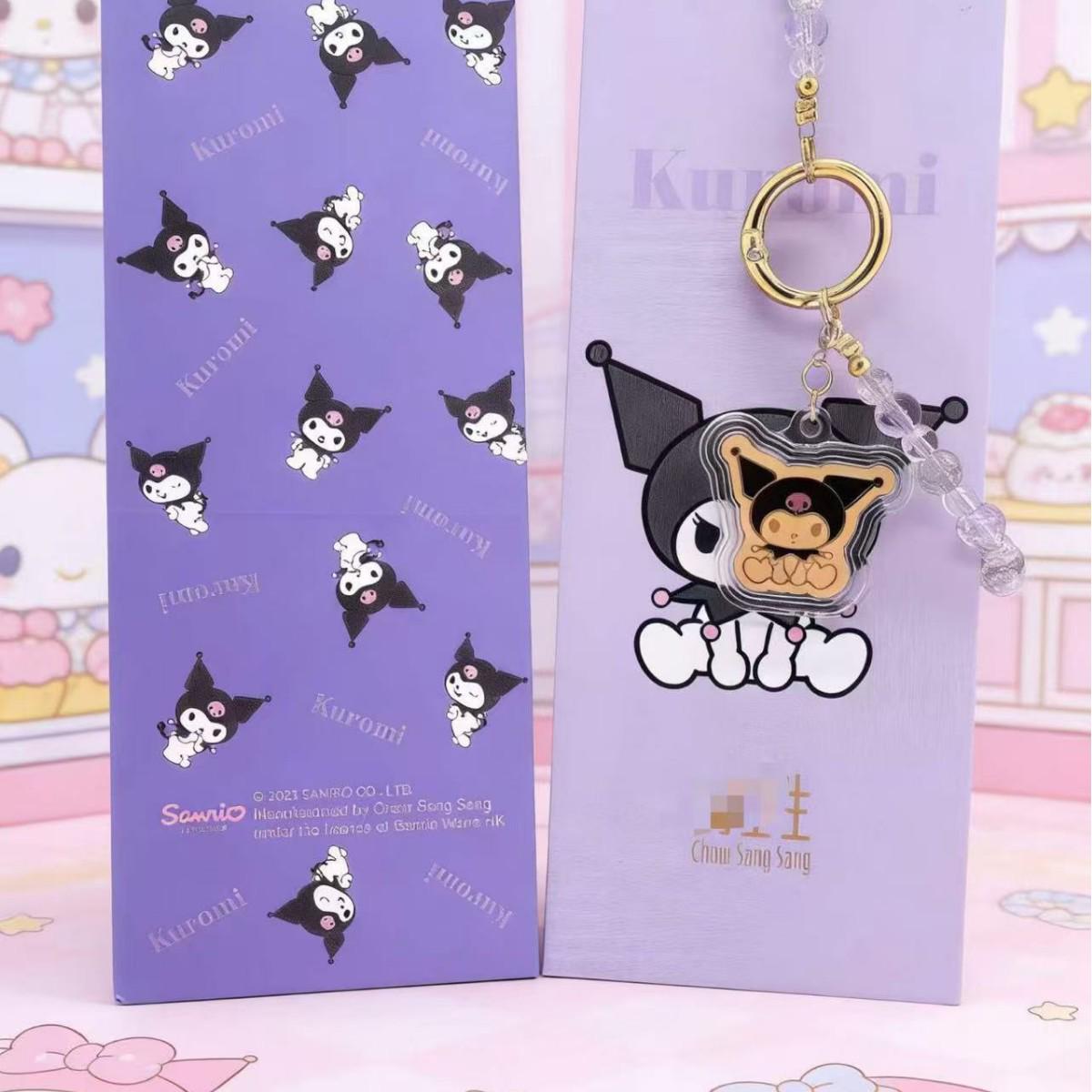 Zhou Family 999KT Pure Gold Hello Kitty My Melody Kuromi Beaded Keychain Charm
