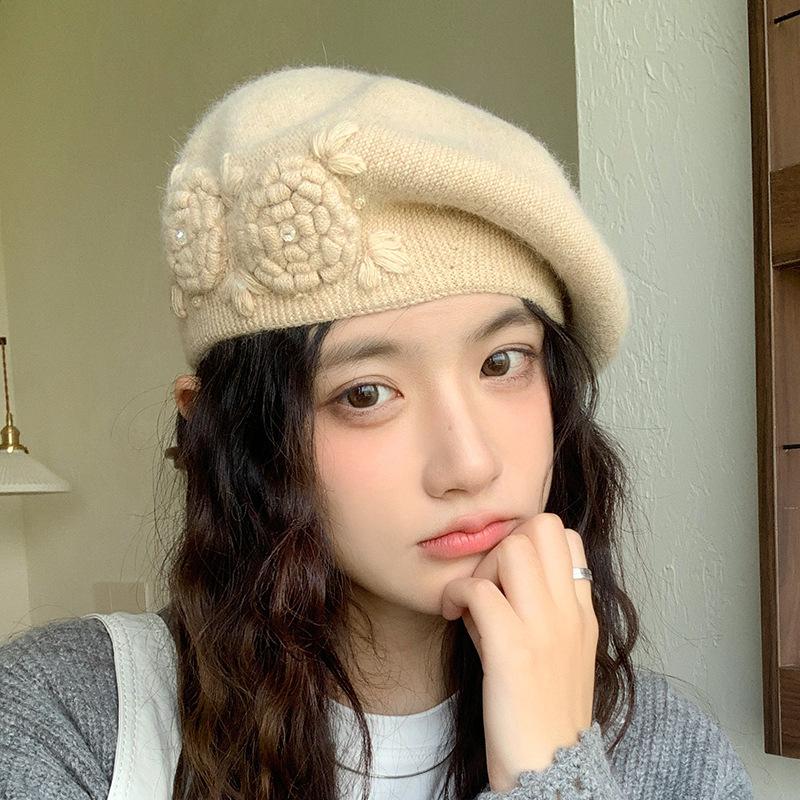 Autumn and Winter Hat Femininity Sweet Headhat Flower Rabbit Velvet Knitted Beret,Winter Hats for Women, Beanies for Women, Hats for Women Winter