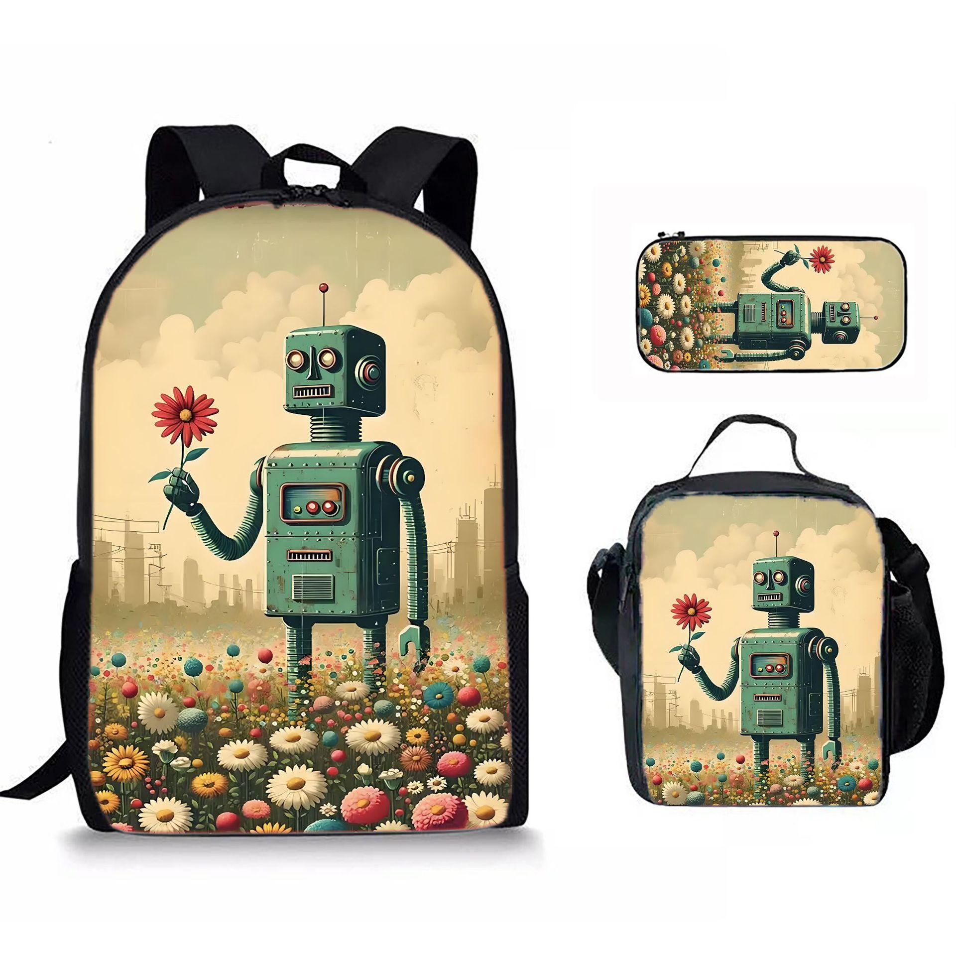 Klassiek Populair Grappig Retro Robot 3D Print 3 stuks/Set leerling Schooltassen Laptop Dagrugzak Rugzak Crossbody Lunchtas Etui
