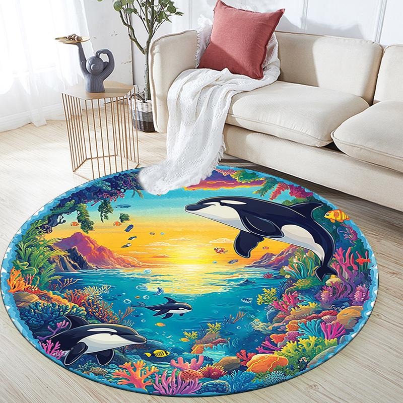 Orca Whales Round Area Rug,Carpet Rug for Living Room Bedroom Sofa Playroom Decor,Non-slip Floor Mat
