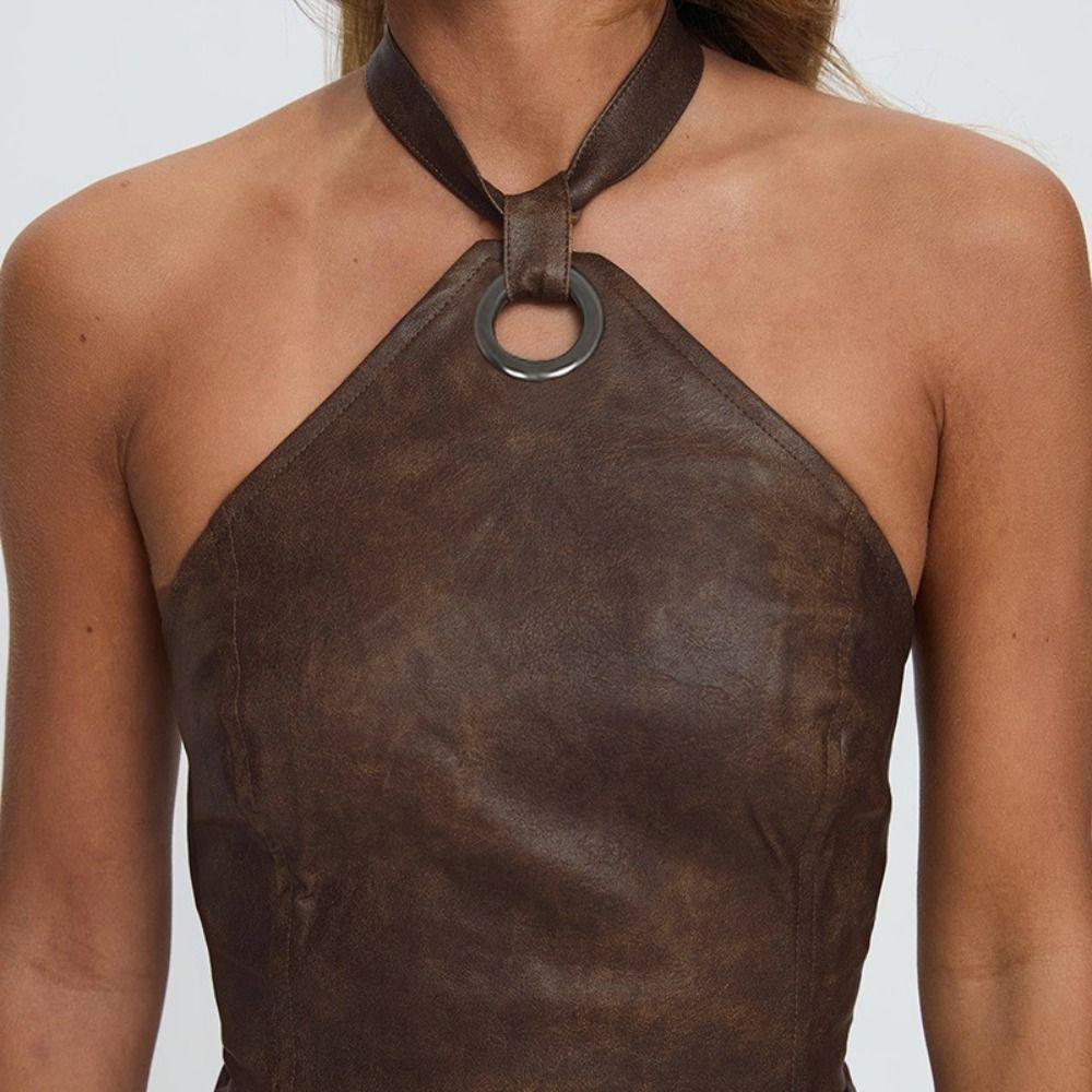 

Vest Sleeveless Halter Camisole Lacing Up Retro Crop Top Adjustable Leather Tank Top Daily S кавовий