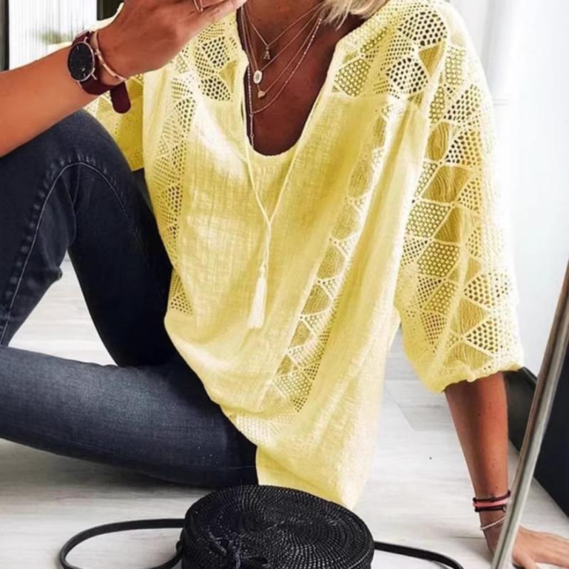 2026 Spring New Women's Lace Hollow-Out Patchwork U-Neck Three-Quarter Sleeve T-Shirt Top