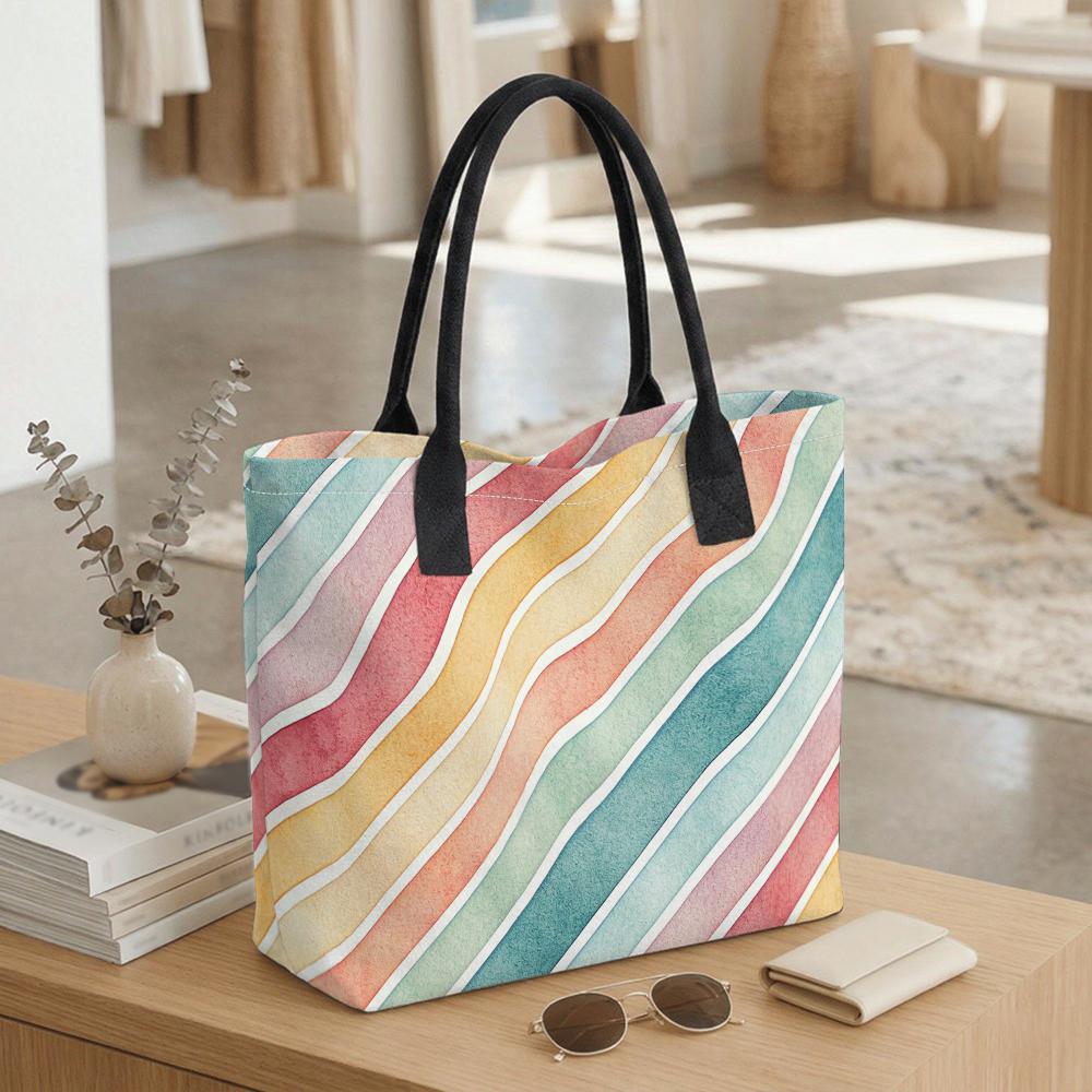 Colorful Striped Canvas Tote Bag for Women Casual Large Capacity Travel Shopping Shoulder Handbag
