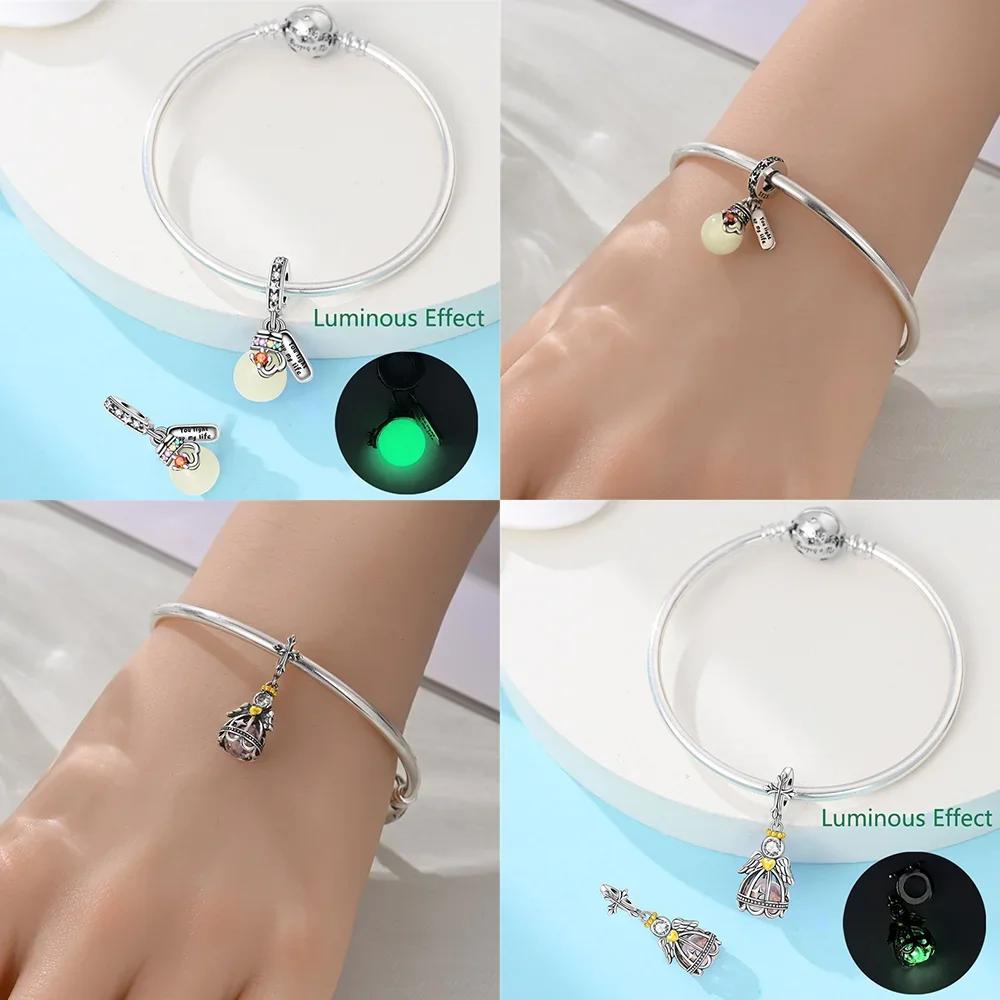 Authentic copperBlue Zircon Heart Pendant Luminous Crown Charm Bead Charms Bead Compatible With Bracelets Accessory Fine Valentines Day Gift Diy Set
