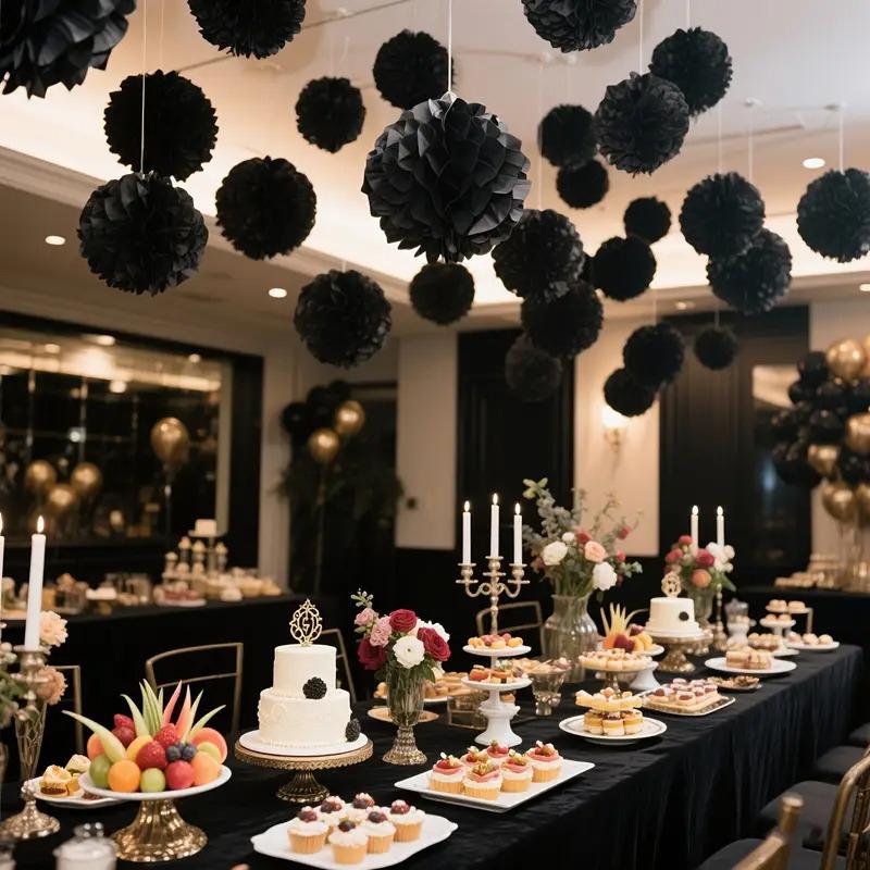 9 Pièces Décor Mural Noir pour Fête Décorations de Fête de Mariage Halloween Boule de Fleurs 3D Anniversaire Ensemble Boules de Fleurs en Papier Décoration de Maison