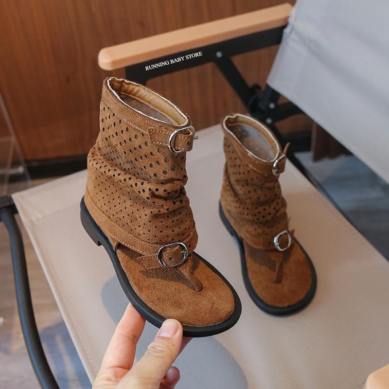 

Ankle-strap Summer Slouchy Boots for Girls Suede Leather High-top Sandals Princess Cut-outs Flip Flop Dress Shoes Child J03203 26
