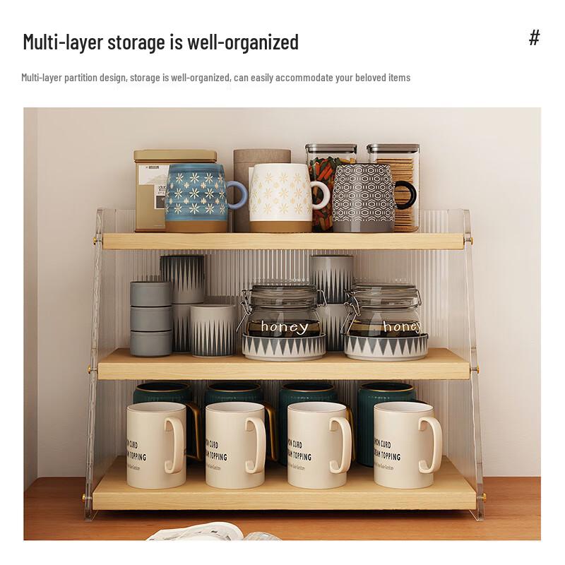 Rubber Wood 3-Tier Cup & Tea Set Storage Rack