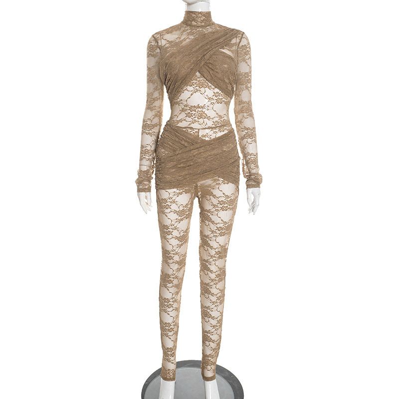 D25Jp529 Европейская и американская мода Новый стиль Пэчворк Облегающий Прозрачный Сексуальный Кружевной Длинный рукав Облегающий Комбинезон Brown S