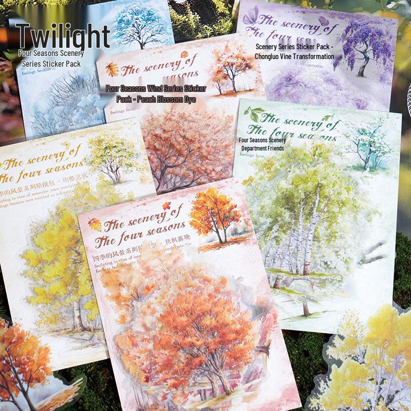 Twilight PET Sticker Pack: Four Seasons Scenery, 20 Sheets, 6 Tree Styles for DIY Projects