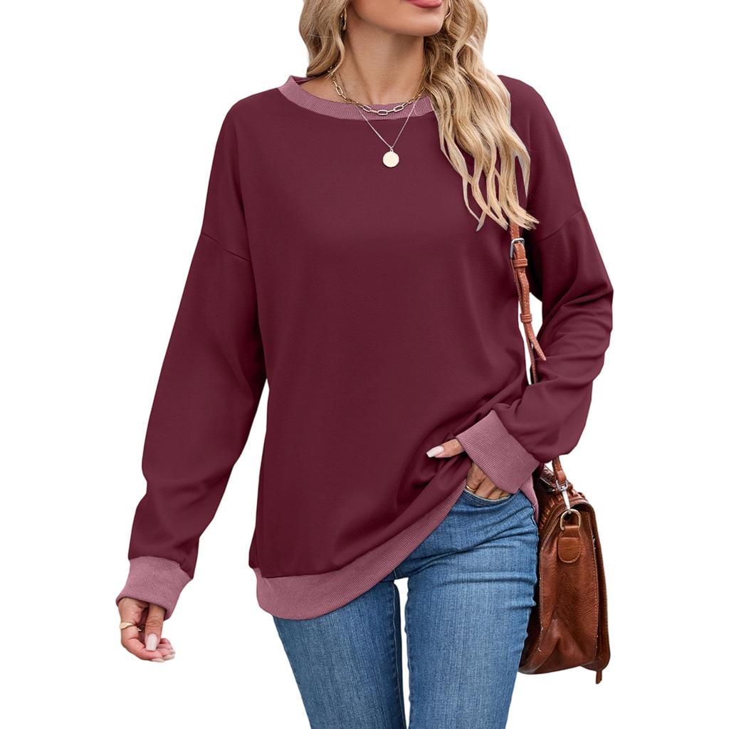 Women's Round Neck Loose Top Long Sleeved Color Blocked Ribbed Sweatshirt
