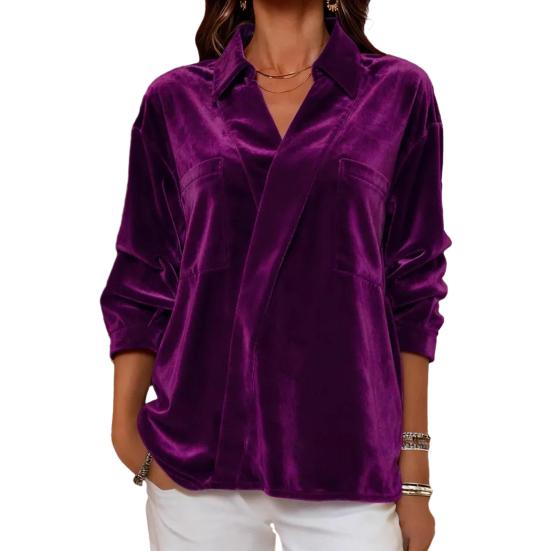 Damenhemd Revers Langarm Samttextur Einfarbig Pullover Tops Lockere Passform Pendler-Tops Arbeit Party Büro Freizeitkleidung