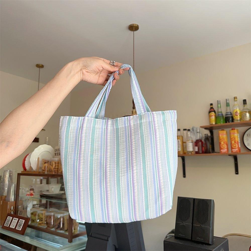 Stylish Canvas Tote Bag With Pleated Stripes Spacious Mommy Bag For Daily Use In Yellow Pink And Blue