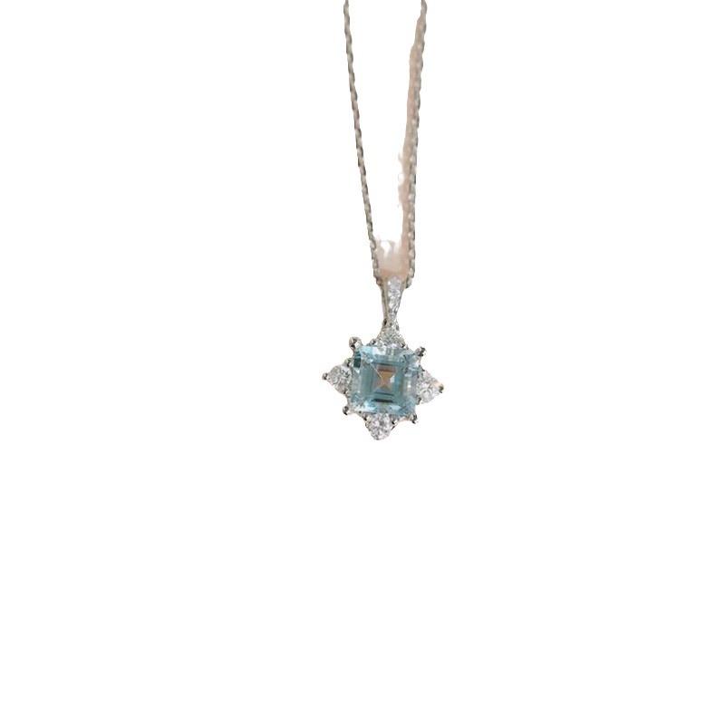 S925 Sterling Silver Aquamarine & Topaz Necklace - Four-Prong Clavicle Chain with French Style for Women, 2021 Design