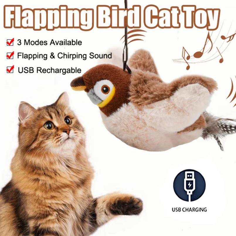 Interactive Cat Toy Flapping Bird with Catnip Rechargeable Simulation Bird Cat Toys Touch Activated Fluffy Plush Toys for Cats