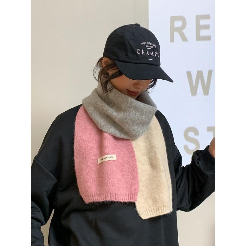 Autumn and winter splicing color matching plaid long thickened versatile warm scarf female scarf couple student solid color