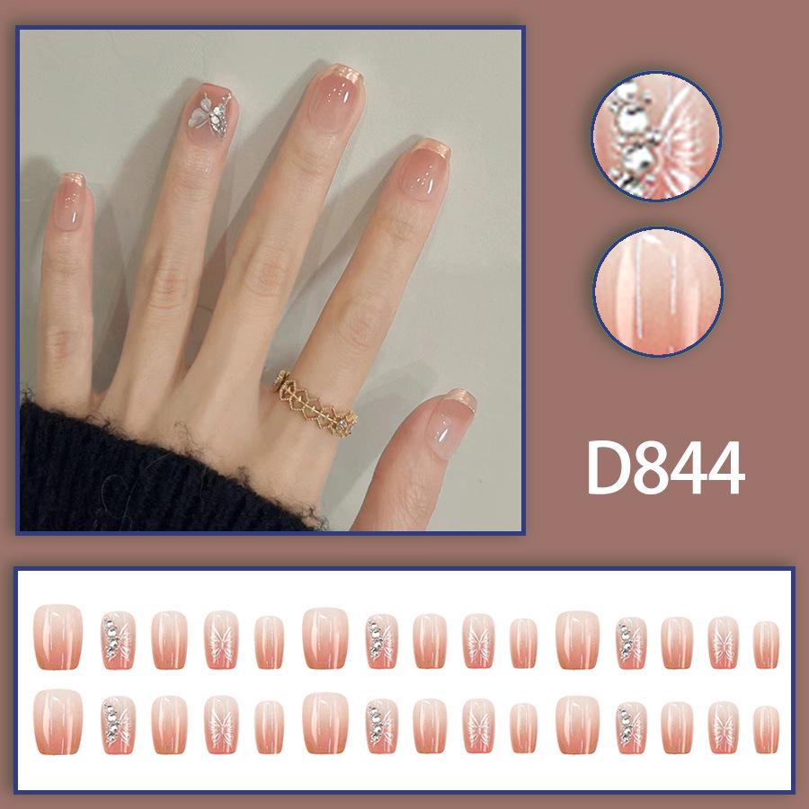 Fresh Skin-Brightening Short T-Shirt with Detachable Rhinestone Butterfly Nail Art, Gradient Press-On Nails (30 Pieces)