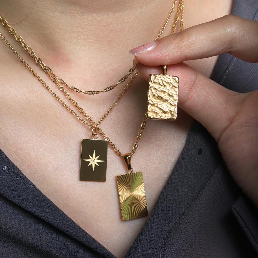 Star Zircon Sparkling Bump Textured Rectangle Pendant Stainless Steel Necklace