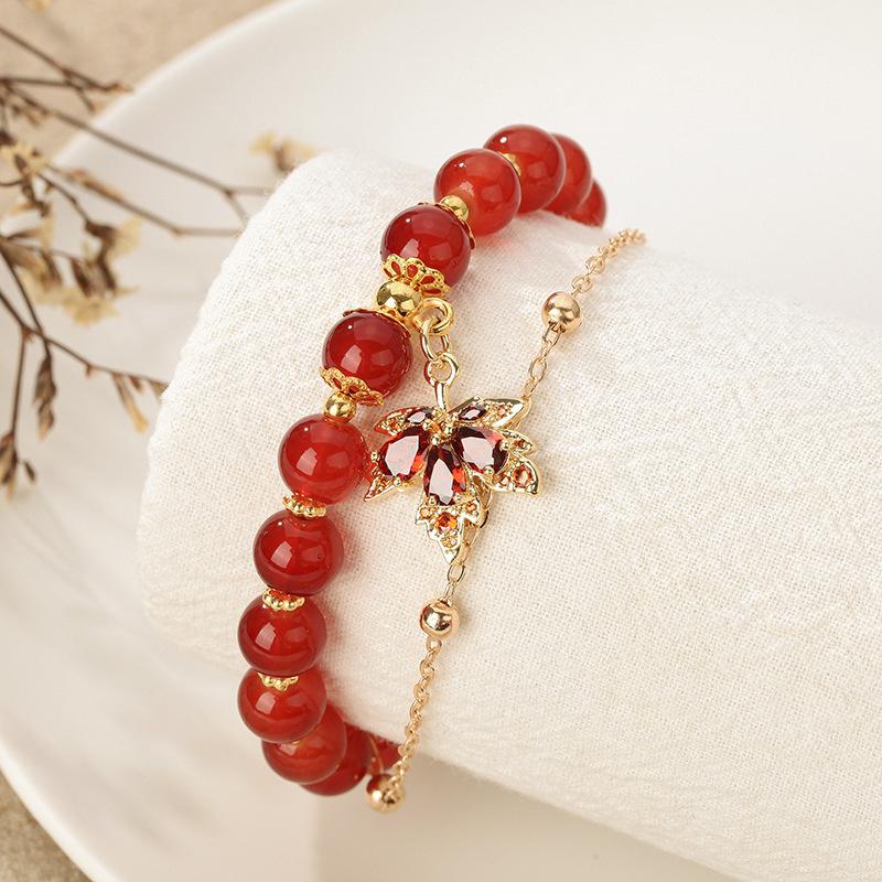 Retro Red Crystal Beaded Bracelet for Women Light Luxury Rhinestones Maple Leaf Pendant Bracelet Student Friendship Jewelry Gift