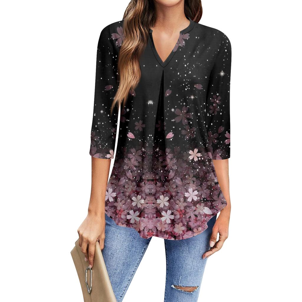 Dames casual T-shirt met driekwartmouwen en V-hals.